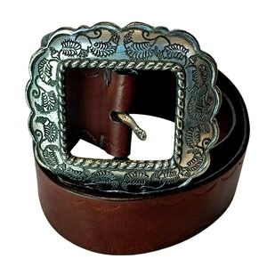 Silpada Designs Italian Leather Belt with Etched Metal Buckle Size S 34.5 Inches